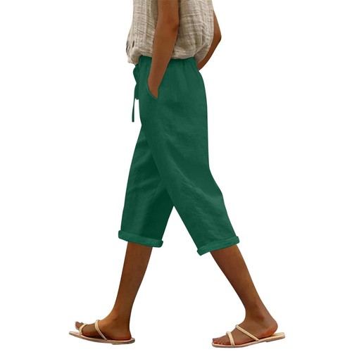 Women's Fashion Casual Loose Solid Colour Cotton Linen Drawstring 7/10 Pants - Picture 23 of 72