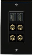 2 Speaker 4 Banana Binding Post Wall Plate with 2 HD Jacks 1 Gang Black
