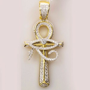 Authentic 14K Yellow Gold Plated 2 CT Round Moissanite Evil Eye Ankh Cross Men's Pendant