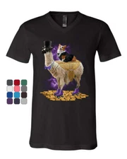 Corgi Riding a Gentleman Llama V-Neck T-Shirt Funny Weird Universe Dog Tee