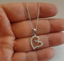 OPEN HEART NECKLACE PENDANT W/ LAB ACCENTS / 925 STERLING SILVER / 18''