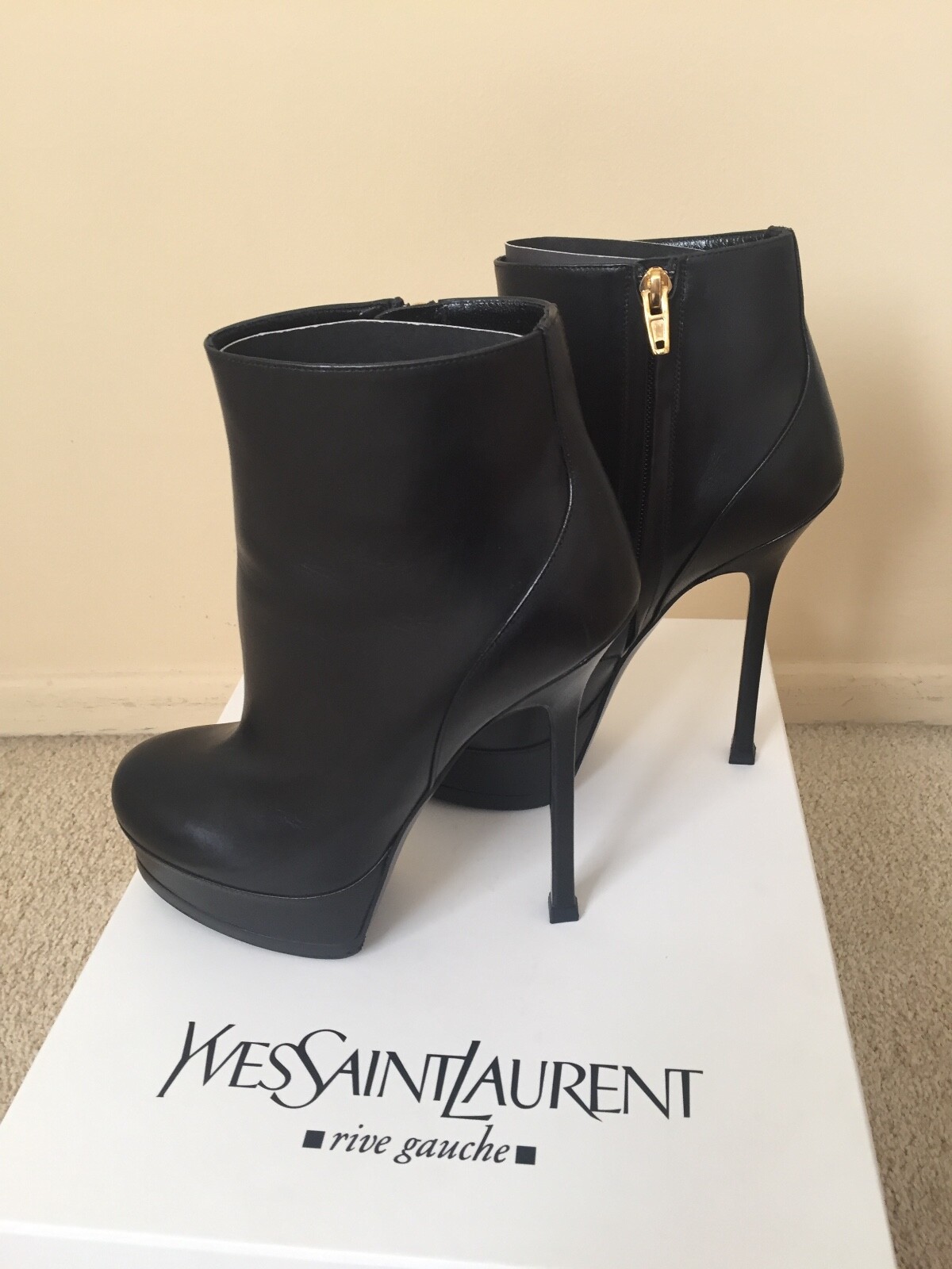 Yves Saint Laurent YSL Black Leather Tribute Booties Platform Size 38.5 In Box