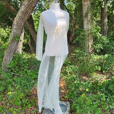 Vintage Victoria  s Secret Sheer Chiffon Ivory Bridal Robe Lace Lingerie Boho M/L