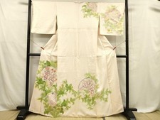 Japanese Kimono Visiting Piece Embroidery Flower Carriage Gold Color Pure Silk