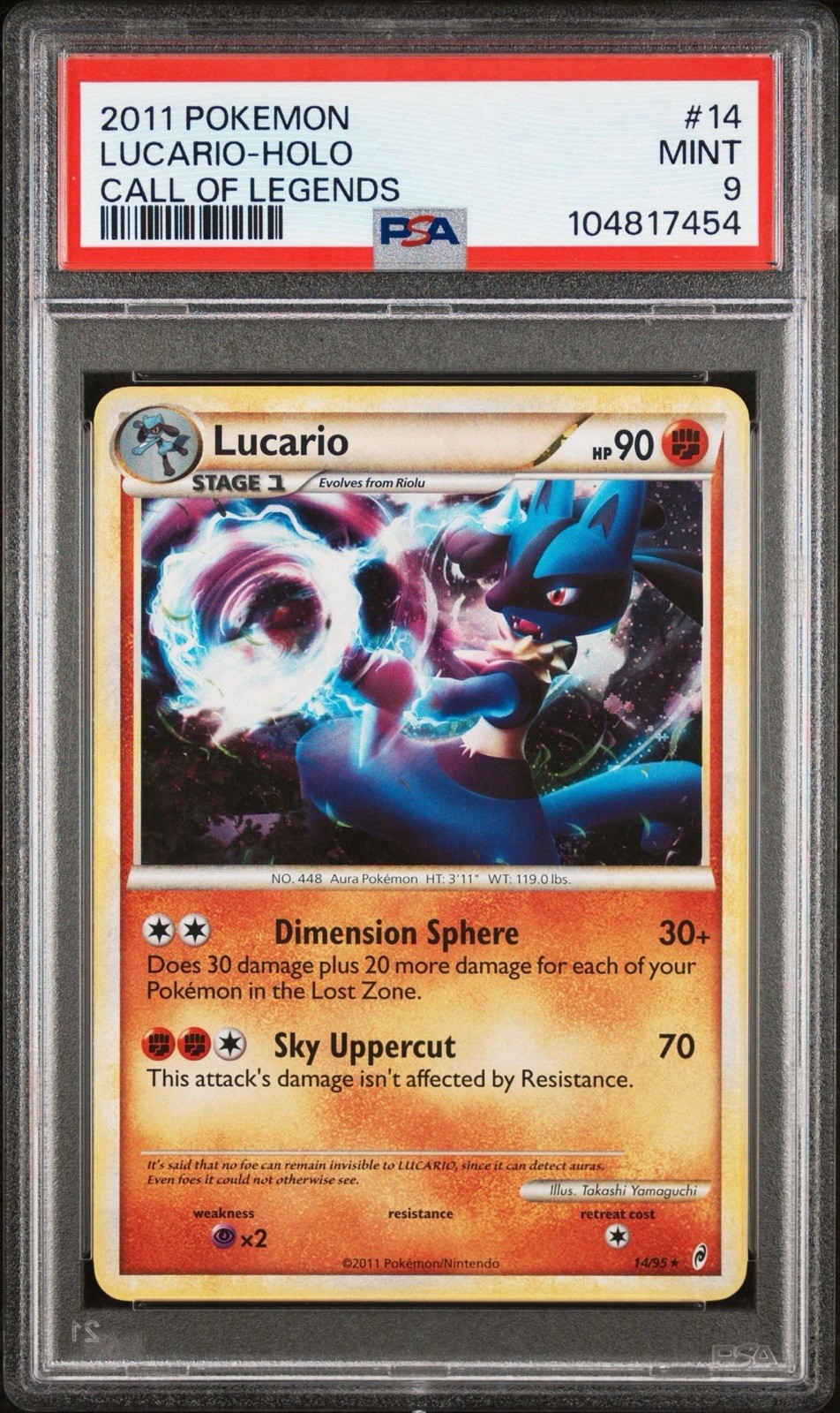 PSA Graded Mint 9 Lucario Holo Rare Call Of Legends 14/95 Pokemon