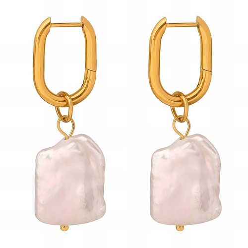Baroque Pearl Drop Earrings, Gold Oval Hoop Dangle Earrings, Statement Jewelry.