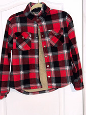 Eddie Bauer Youth Flannel Shirt Jacket Kids 10/12 Red Black Plaid Fleece Lined