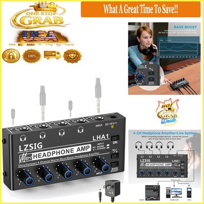 4-Channel Headphone Amplifier Stereo Audio Bass Boost with Power Adapter