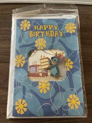DISNEY STITCH WITH BIRTHDAY CAKE -LILO & STITCH~ PIN + GREETING CARD~NEW SEALED