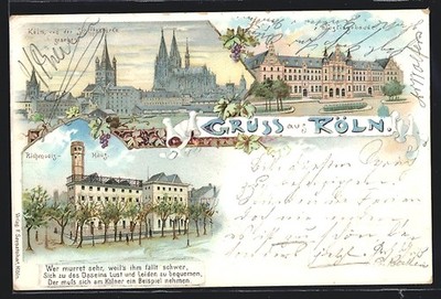 Lithographie Köln, Ortsansicht von der Schiffsbrücke, Justizgebäude, Richmodis- 