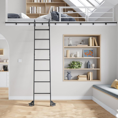 96'' Rolling Library Step Ladder with 12FT Track & 7 Steps for Home Use