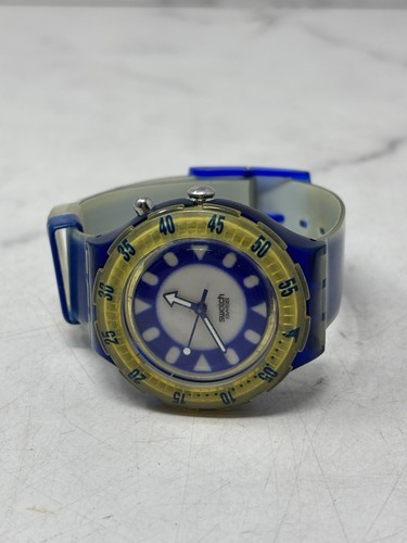 VTG 90s SWATCH Watch~SCUBA 200 Loomi~Blue~Fish Eye Yellow Surround Needs New Bat - Picture 10 of 10