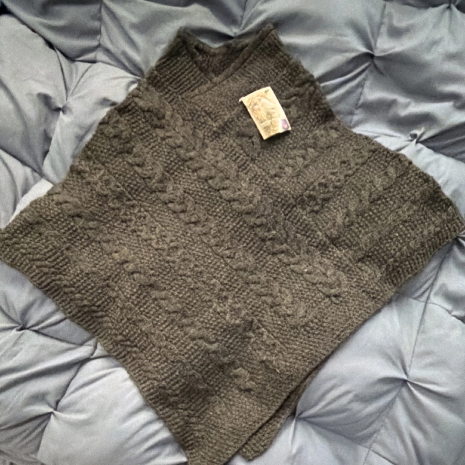 British Wool Cable-Knit Sleeveless Sweater/Poncho Dark Gray 109364