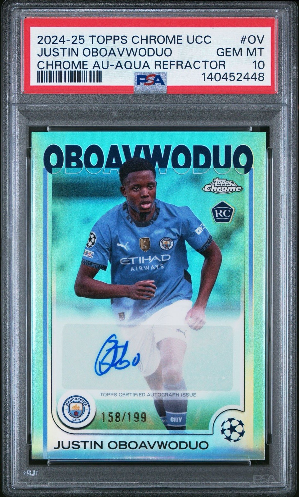 2024-25 Topps Chrome UCC Justin Oboavwoduo Aqua Rookie Auto #’ed /199 PSA 10