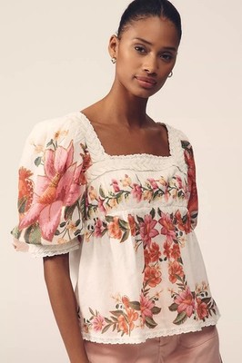 NEW Farm Rio Summer Fruit Cotton Puff-Sleeve Square-Neck Blouse, Medium