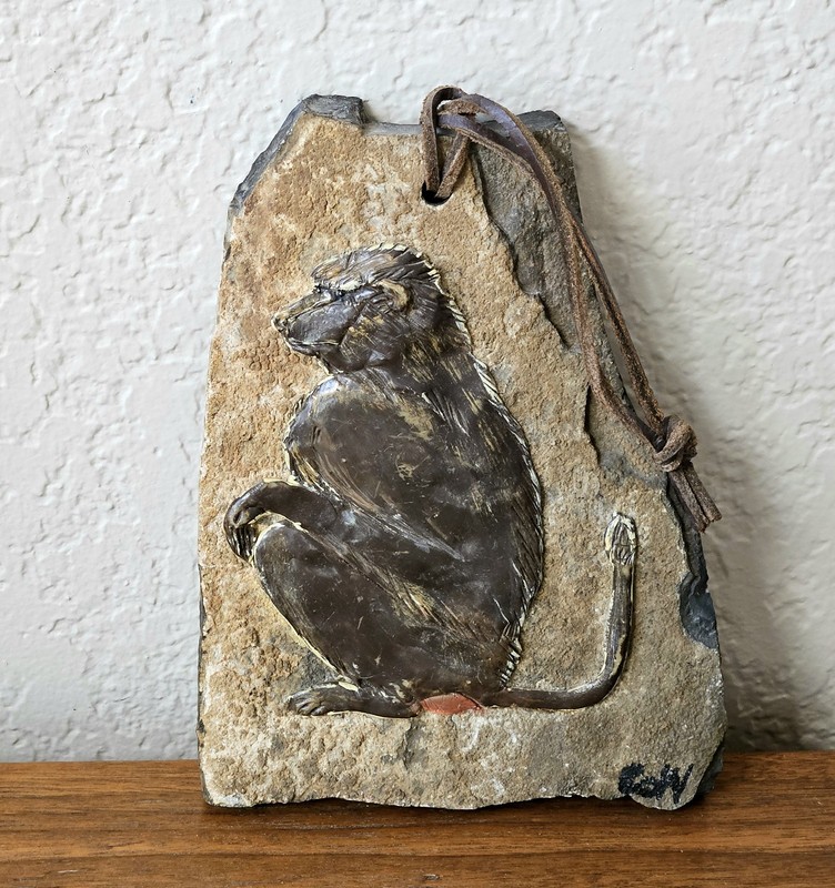 Vintage Stone Wall Plaque with Metal Baboon | Signed | Leather Cord | Excellent 
