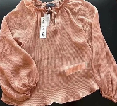 New MinkPink Sheer Blouse Top Blush Peach Stripe Balloon Sleeve Oversized XS
