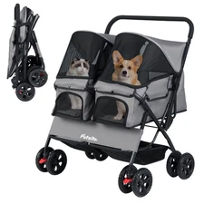 Double Pet Stroller w/ 2-seater Carrier, Adjustable Sunshade, Removable Pad