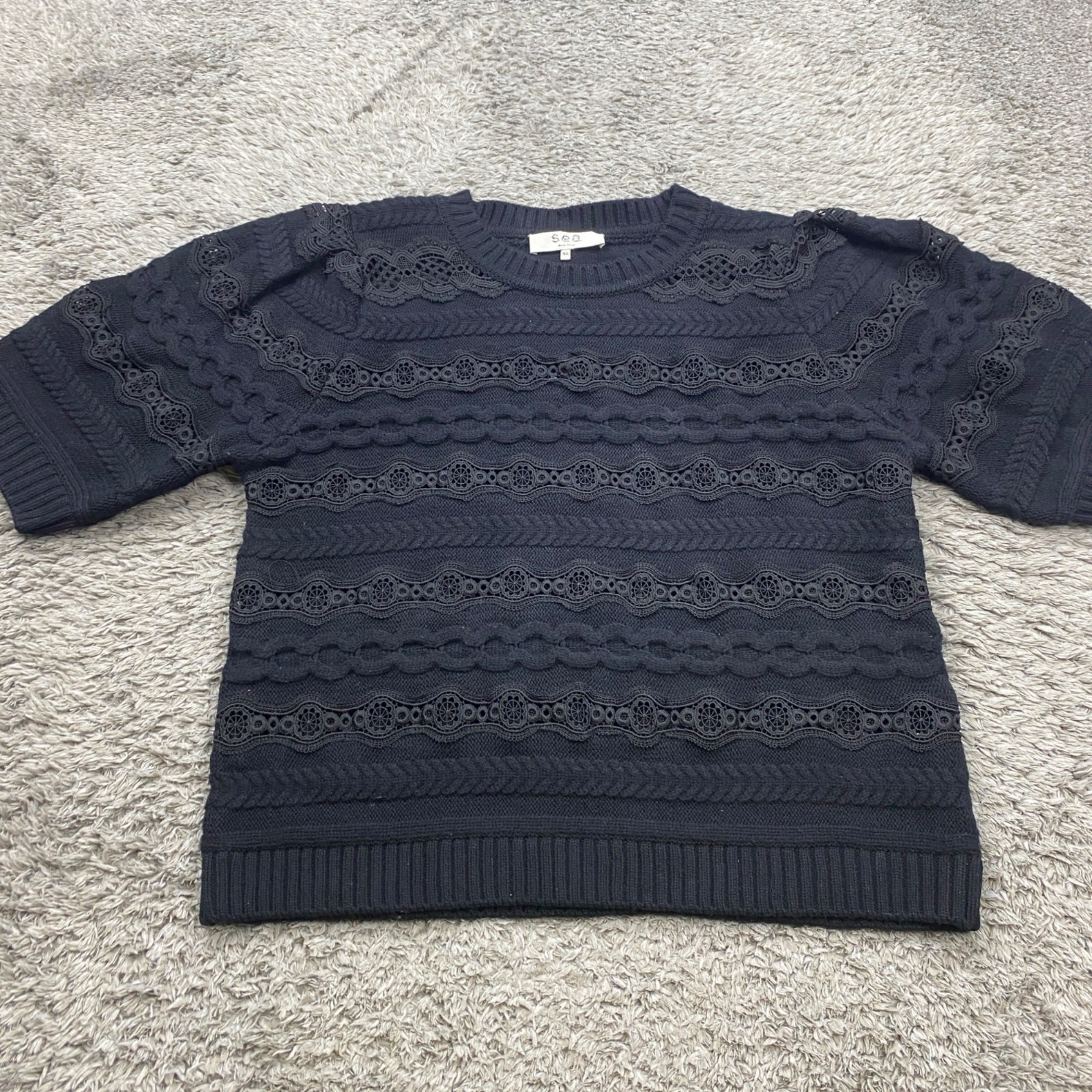 Sea New York Sweater Women XL Black Wool Embroidered Lace Cable Knit Fisherman