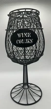 Metal Rustic Wine Glass Shaped Tall Cork Holder Hinge Opening Dark Brown Finish