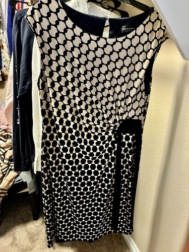 Connected Apparel Black/White Geometric Sheath Dress Round Neck Knee Length 16
