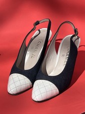 Authentic CHANEL heels size 7 2 Tones White Cannage/ Jeans Excellent Condition