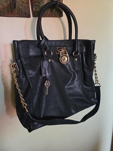🌞 MICHAEL KORS HAMILTON LARGE BLACK LEATHER GOLD LOCK KEY TOTE BAG Purse 