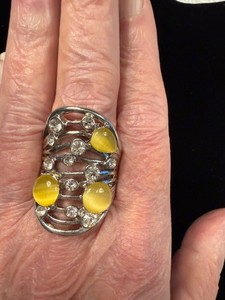 Wrap ring silver tone faux diamonds and yellow chrysoberyl  FREE SHIPPING
