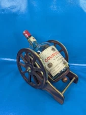 Vintage Courvoisier Cognac Wood Brass Cannon Bottle Holder Stand w/ Empty Bottle