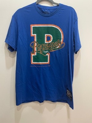 Popeye's Supplements Graphic T-Shirt L Blue Varsity Logo Strong to the Finish