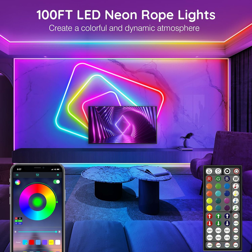 Bendable Rope Light 100Ft Neon Rope Lights,Flexible Led Rope Lights Control with App/Remote ...