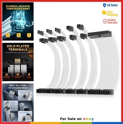 Power Supply Extension Cable Kit 16AWG White 24 Pin ATX EPS PCI-E 30cm Combs