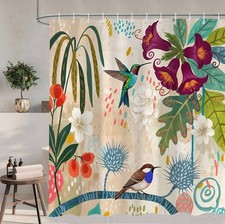 Floral Shower Curtain , Boho Spring Watercolor Botanical Hummingbirds Shower...