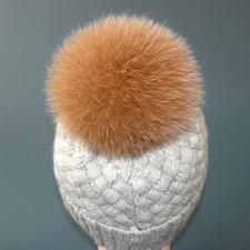 Beige Real Fox Fur Pompom, Fluffy Pom Pom for Hat, Furry Ball with Ribbon