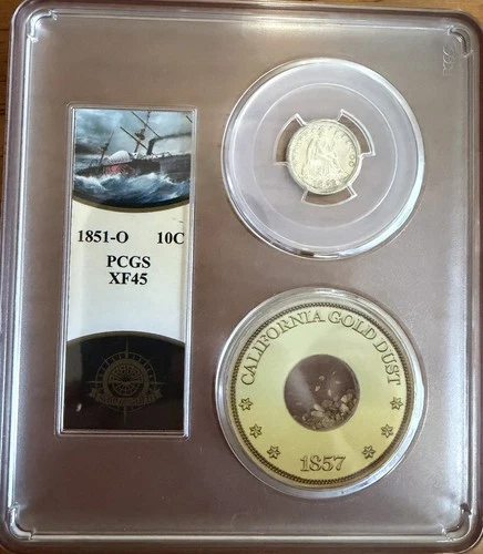 1851 O Seated LIBERTY Dime S.S. Central America Shipwreck PCGS XF45 & GOLD Dust