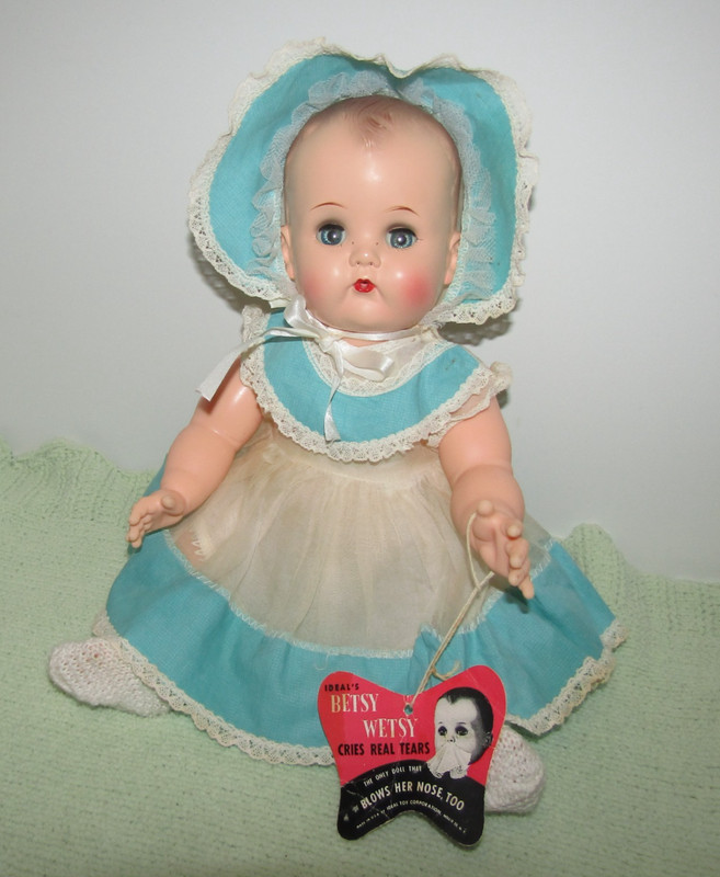 Vintage Doll Ideal BETSY WETSY Original 16” Baby w/ Aqua Blue Dress & Tag 1950s