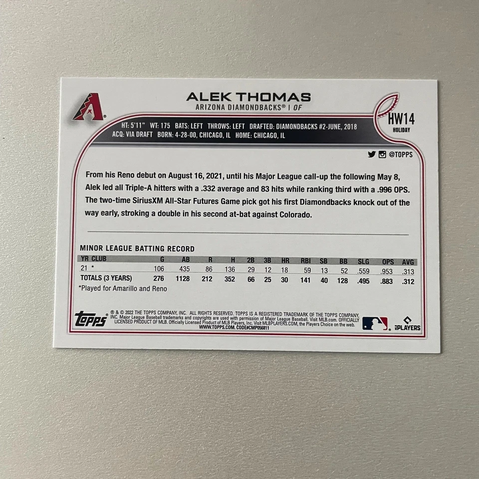 2022 Topps Holiday #HW14 Alek Thomas RC - Image 2 of 2
