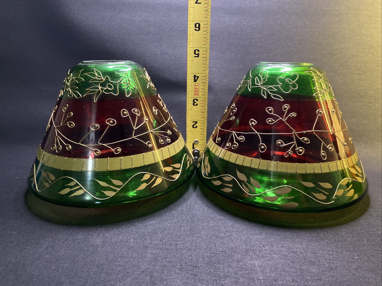 Glass Candle Toppers Shade for Jar Candle Red & Green w/Gold Trim Lot