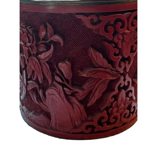Vintage Red Cinnabar Chinese Carved Ginger Jar Tea Jar Blue Enamel Inside 4" x 3 - Picture 3 of 8