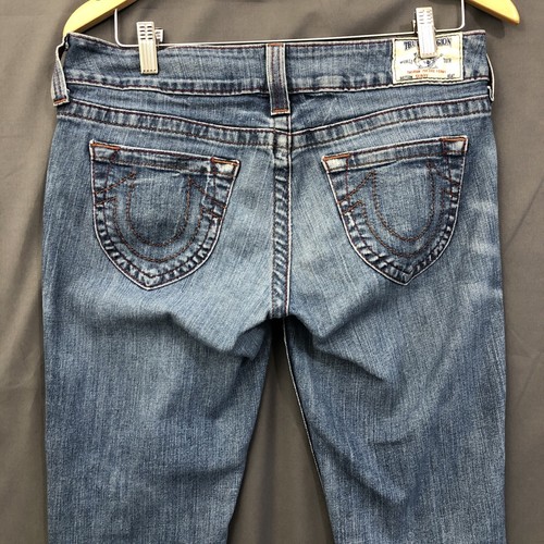 Pantalones de mezclilla True Religion ajustados cónicos para hombre 30 x 34 azul rojo marrón puntada hechos en EE. UU. - Imagen 13 de 16