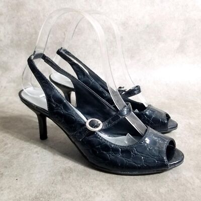 Predictions Womens 70965 Size 6 Black Croc Print Slip On Peep Toe Slingback Heel