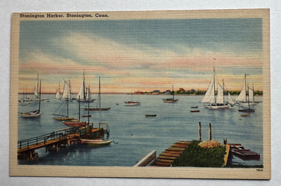 c1940s CT Postcard Stonington Connecticut Stonington Harbor dock sailboats boats