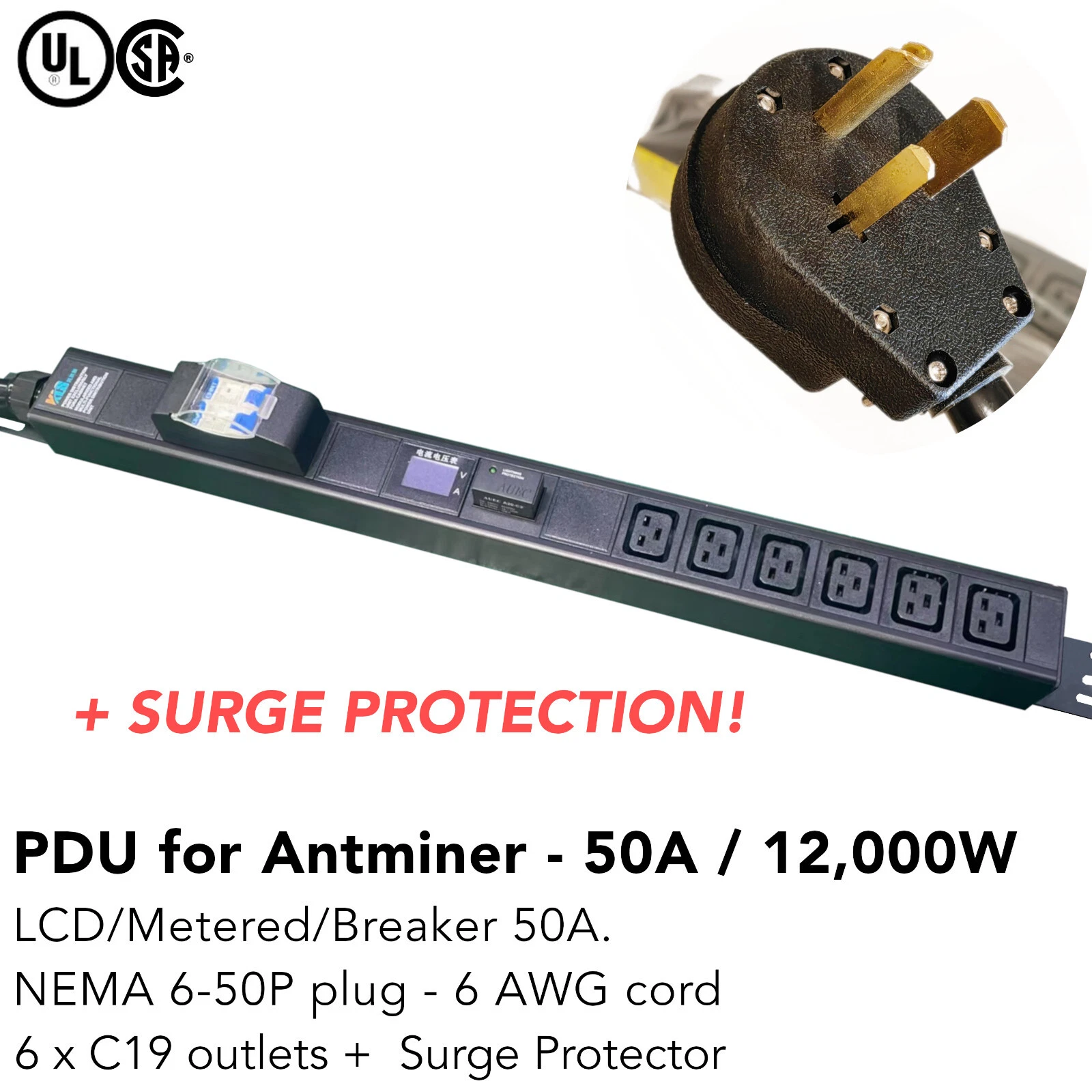 1 pole MCB Surge Protected PDU 240V 50A 6-50P 6 x C19