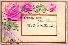 1910's Embossed Rose Flower Gold Border Friendship Greetings Posted Postcard