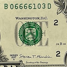 Four In A Row 6s Fancy Serial Number 2017A One Dollar Bill B06666103D FW Print