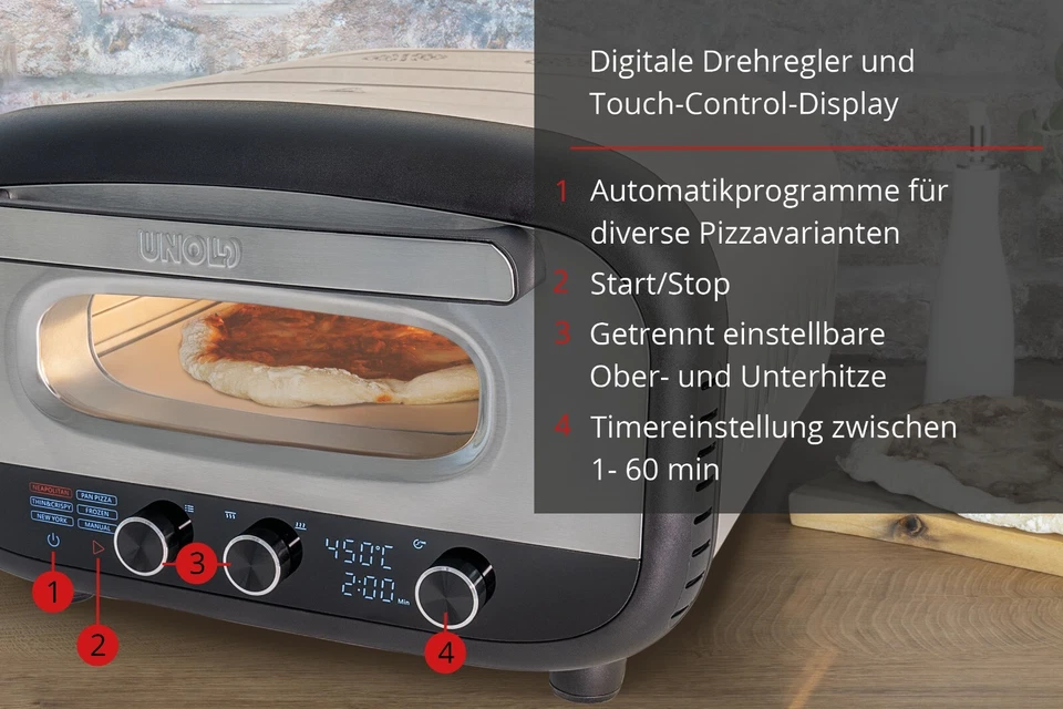 Unold 68806 Pizzaofen Alfredo, Elektrische Pizzaofen, bis zu 450 °C, 1700 Watt - Bild 4 von 4