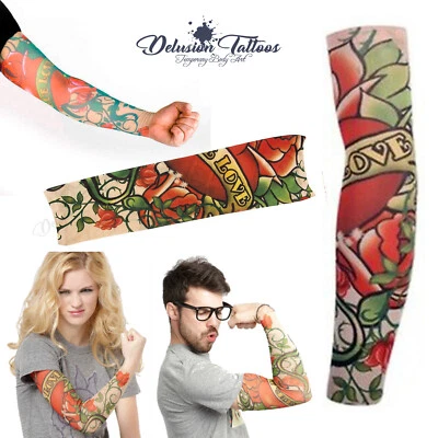 DELUSION TATTOOS Temporäres Tattoo Sleeve Nylon Armwärmer True Love Rosen Herren Damen Kinder Sport