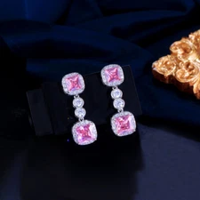 Silver Plated Cubic Zirconia Pink Square Dangle Drop Earrings Cute Women Jewelry
