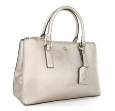 Tory Burch Light Gold Metallic Double Zip Saffiano Satchel Handbag