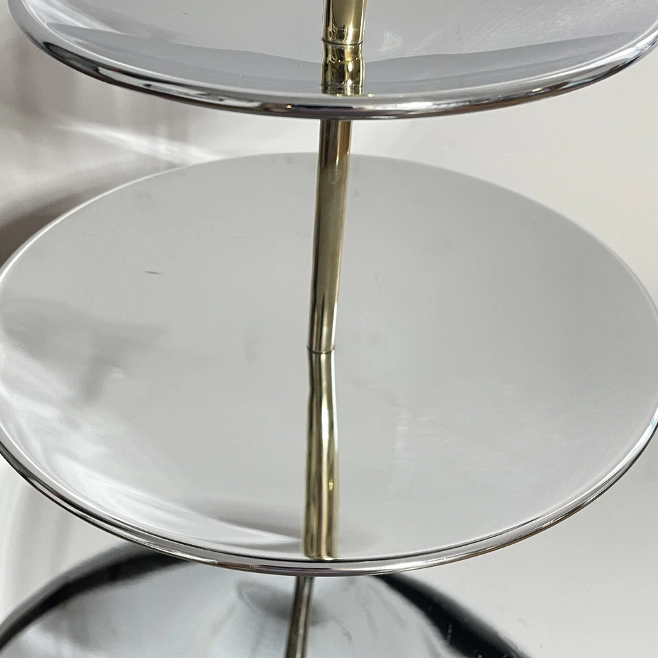 Three Tiered Kromex Vintage Serving Dish Made In USA 2 Tone Silver And Gold - Image 4 of 4